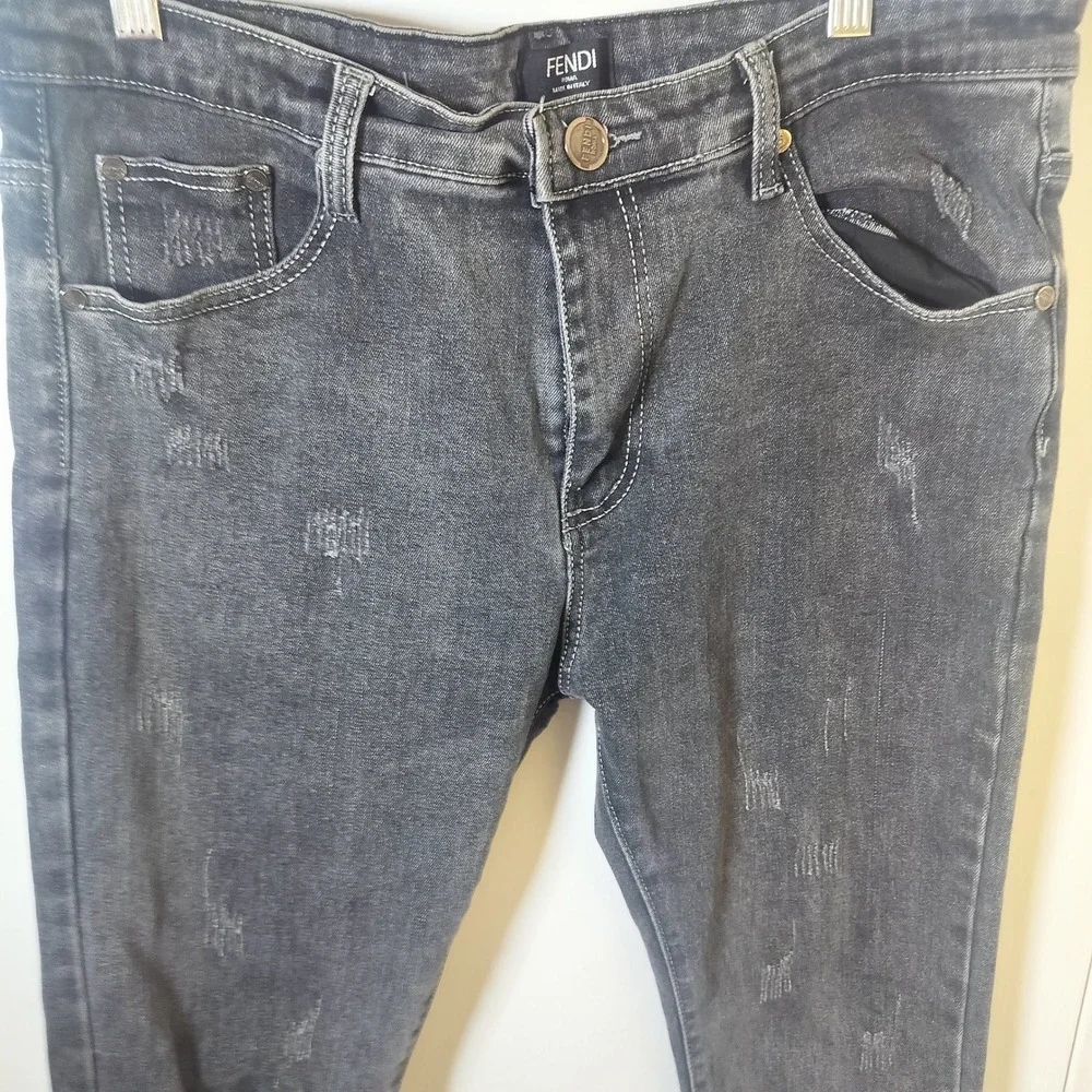 Fendi Roma Mens‎ Distressed Slim Fit Jeans Faded Black Monogram Pocket Italy